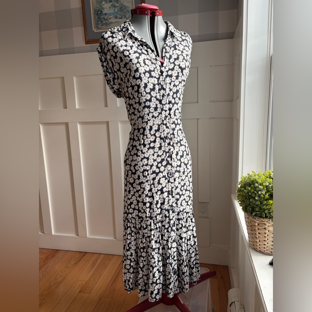 Daisy Ann Taylor Black & White Daisy-Print Maxi Dress Button Front 14P